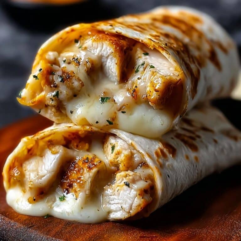Cheesy garlic chicken wrap sliced on board