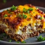 Cheesy Loaded Meatloaf Casserole slice with melted cheddar and bacon