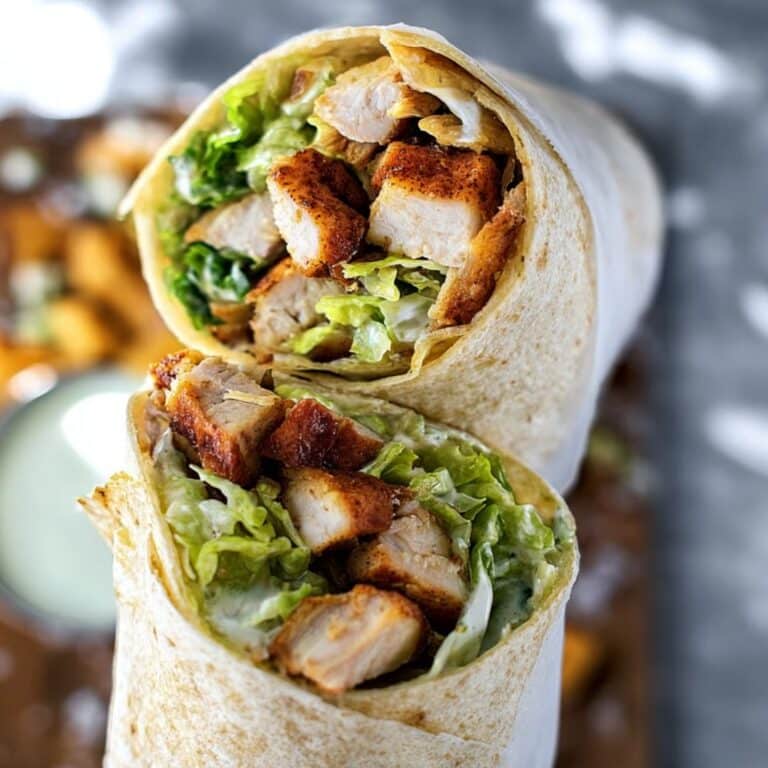 hicken Caesar Wrap sliced in half showing juicy grilled chicken, romaine lettuce, and Caesar dressing