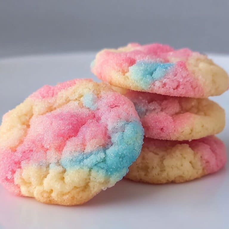 Cotton candy cookies stacked on a white board