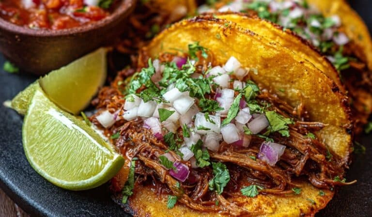Crock Pot Birria Tacos served with lime wedges and fresh onion
