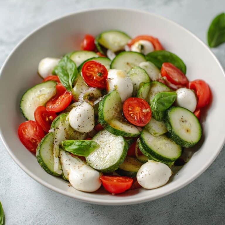 Easy Cucumber Caprese Salad with tomatoes, mozzarella, and basil in a white bowl