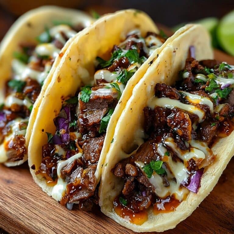 Garlic Butter Honey BBQ Beef Tacos served with fresh herbs and drizzle