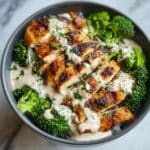 Grilled Chicken & Broccoli Bowl with creamy garlic sauce