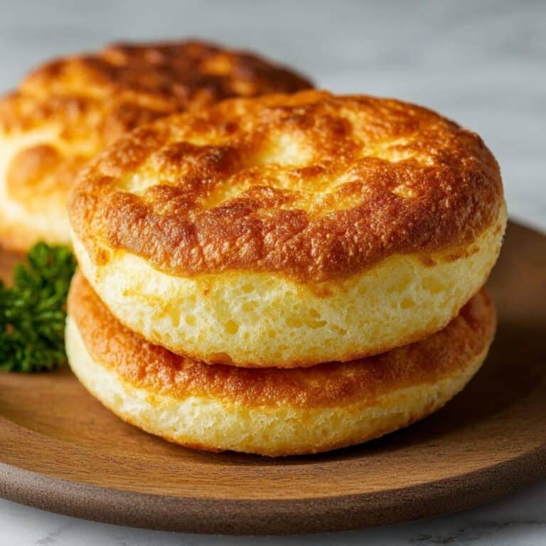 Fluffy cottage cheese cloud bread on a wooden plate with golden crust