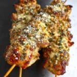 Garlic Parmesan Chicken Skewers close-up with parmesan crust