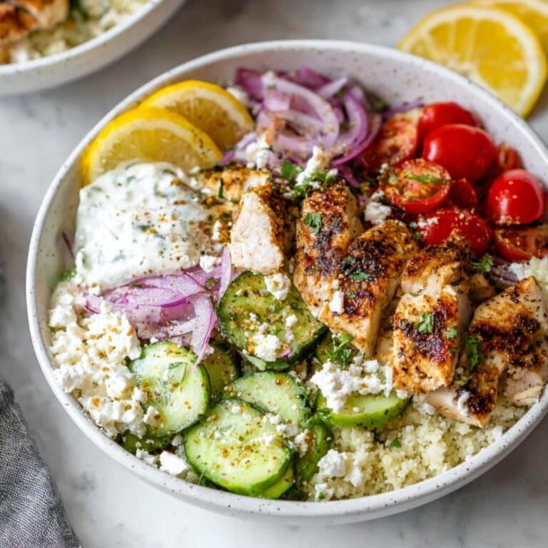 Greek Chicken Bowl with grilled chicken, couscous, feta, cucumbers, and tomatoes
