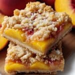 Buttery peach bars cooling on a wood tray