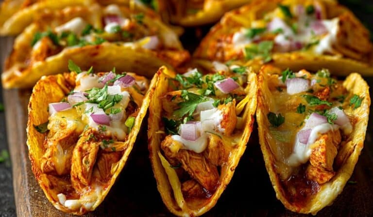Mini Baked Chicken Tacos with melted cheese, diced red onions, and fresh cilantro