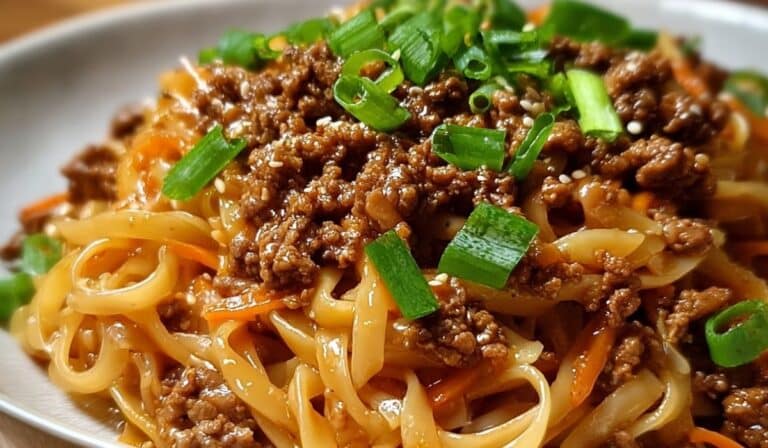 Close-up of Mongolian Ground Beef Noodles with green onions and sesame seeds