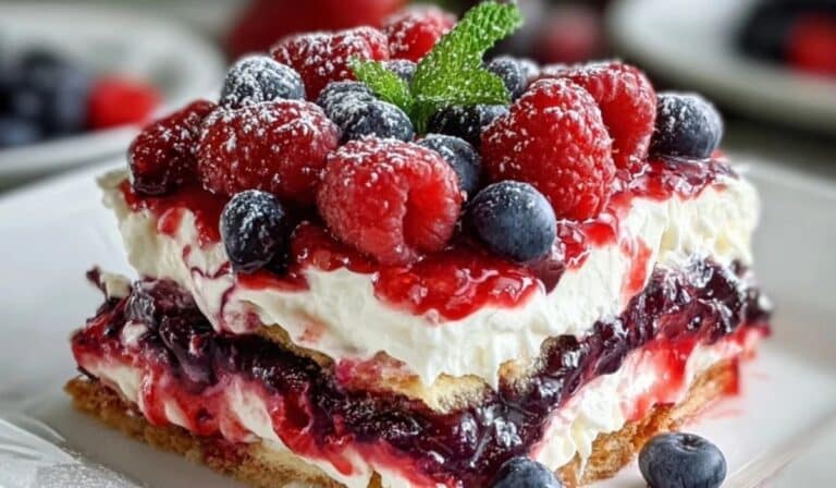 No Bake Summer Berry Lasagna with whipped cream, raspberries, and blueberries