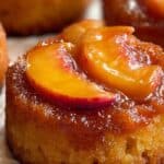 Glazed peach upside-down mini cake with caramelized topping and moist crumb