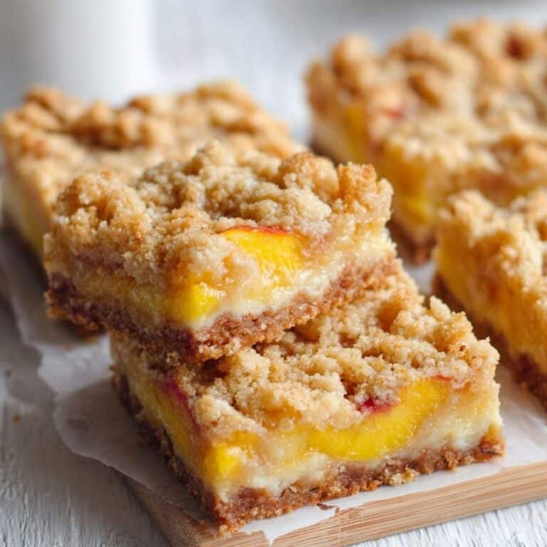 Peaches and cream crumble bars in a baking pan