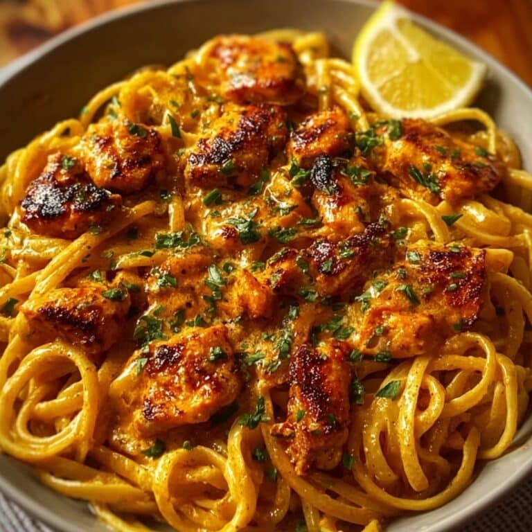 Quick Cowboy Butter Chicken Linguine in a bowl with creamy sauce and fresh herbs
