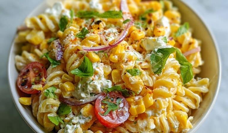 Street Corn Pasta Salad with rotini pasta, grilled corn, cherry tomatoes, and creamy chili-lime dressing