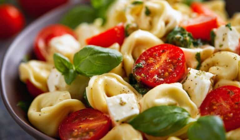 Tortellini Caprese Pasta Salad with cherry tomatoes, mozzarella, and basil