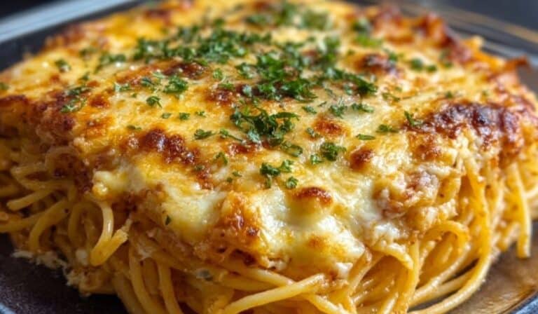Baked Cream Cheese Spaghetti Casserole topped with melted cheese