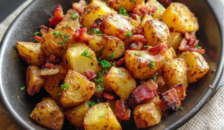 Bangin’ Breakfast Potatoes served in a black bowl with crispy bacon and herbs