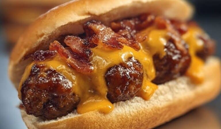 BBQ Bacon Cheeseburger Meatball served in a toasted bun with melted cheddar and crispy bacon