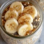 Brown Sugar Overnight Oats with bananas and chia seeds in a glass jar