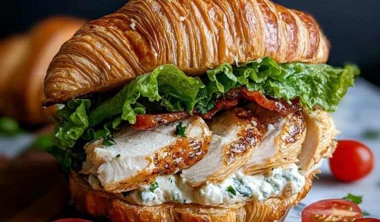 Chicken Caesar Croissant Sandwich with grilled chicken, romaine, and Caesar dressing in a flaky croissant