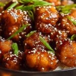 Crispy Chinese Honey Garlic Chicken topped with sesame seeds and scallions