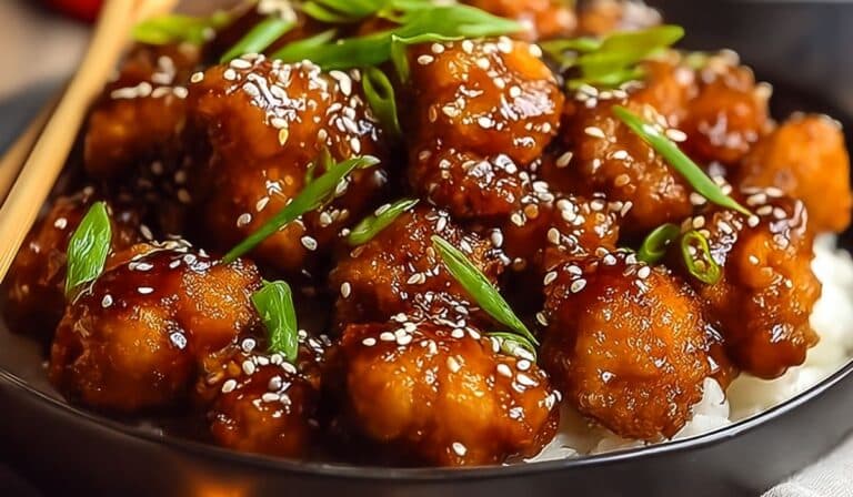 Crispy Chinese Honey Garlic Chicken topped with sesame seeds and scallions