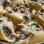 Creamy Garlic Mushroom Stuffed Shells in a creamy garlic sauce
