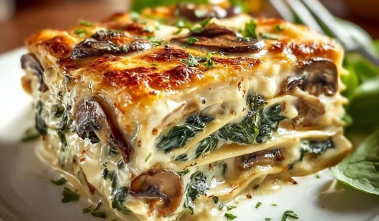Creamy Spinach and Mushroom lasagna slice with golden melted cheese and fresh parsley garnish
