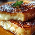 Crème Brûlée French Toast with caramelized sugar crust served over creamy custard-soaked brioche