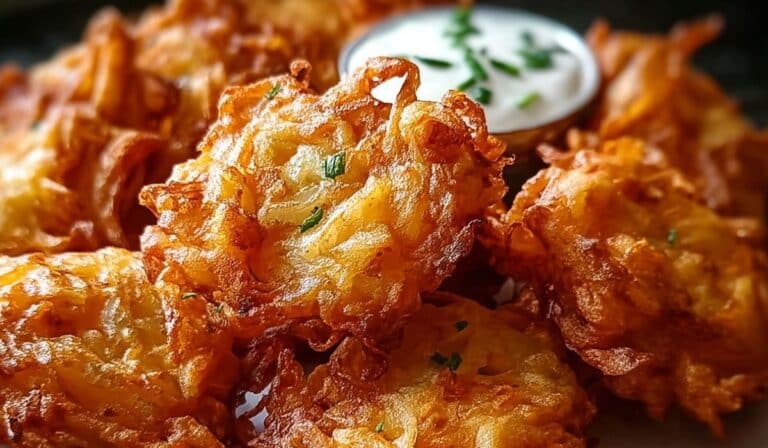 Golden Crispy Amish Onion Fritters with sour cream dip