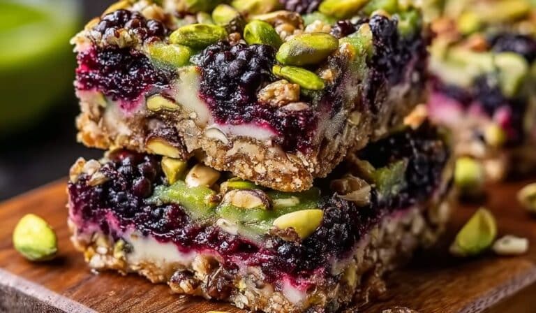 Blackberry Pistachio Dream Bars stacked with visible layers of berries, pistachio, and crust