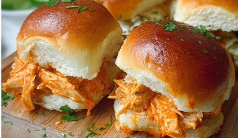 Featured Buffalo Chicken Sliders with toasted buns and saucy shredded chicken