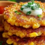 Cheesy Corn Fritters stacked with sour cream and herbs on top