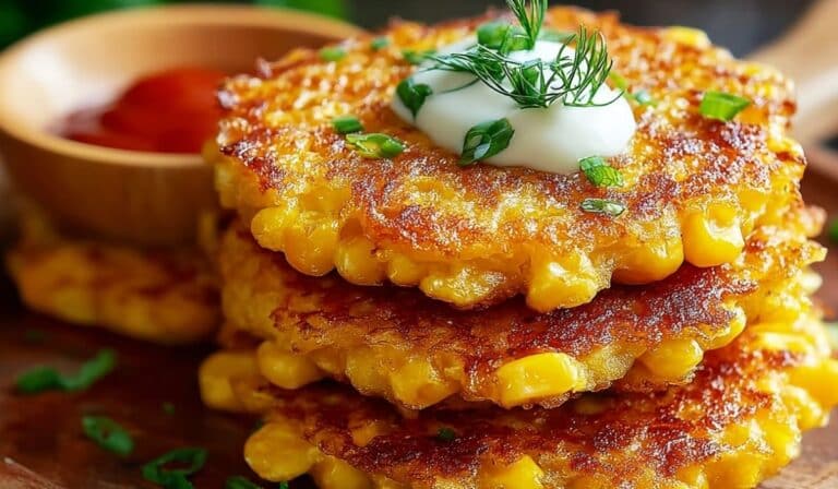 Cheesy Corn Fritters stacked with sour cream and herbs on top