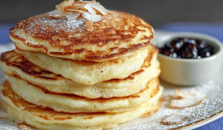 Coconut Cream Pancakes stacked high with toasted coconut on top