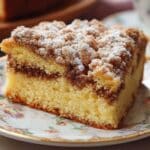 Coffee Cake slice with cinnamon streusel topping on floral plate
