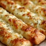 Homemade Cheesy Breadsticks fresh from the oven with golden melted cheese