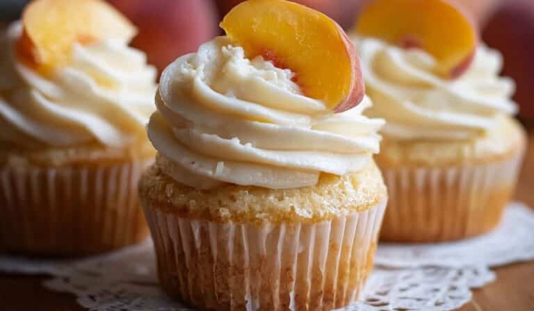 Honey Peach Cream Cheese Cupcakes with swirl frosting and peach slice on top