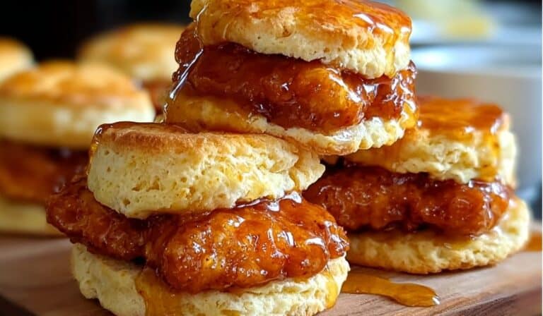 Close-up of Hot Honey Chicken Biscuits with honey drizzle