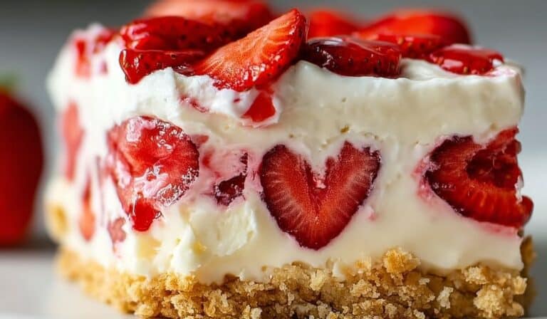 No-Bake Strawberry Split Cake with fresh strawberries and creamy layers