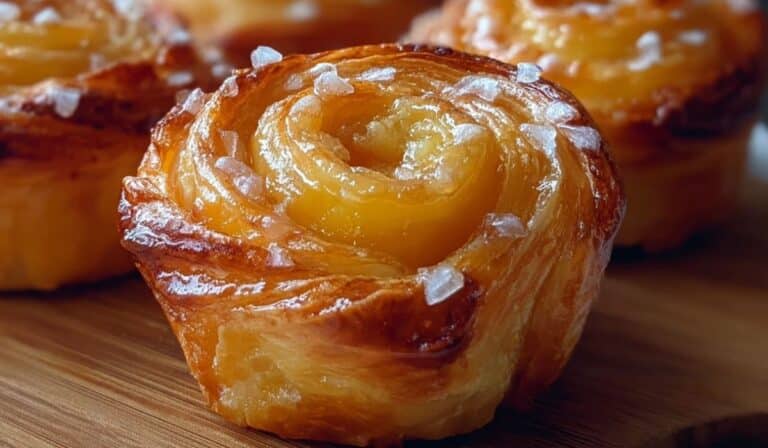 Featured peach pie cruffin with golden flaky layers and sugar.