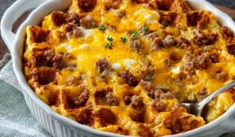 Sausage and Waffle Casserole baked in a white dish topped with melted cheddar and sausage