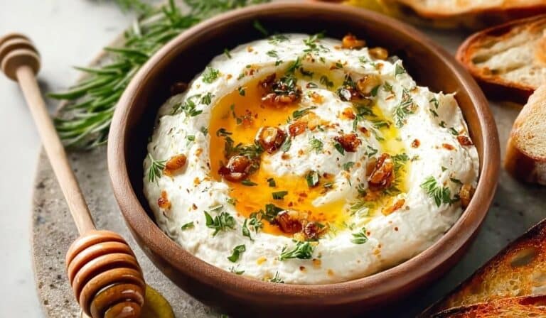 Spicy Ricotta Dip with Hot Honey served in a rustic bowl with herbs and toasted bread