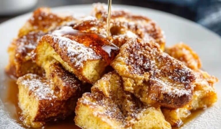 French Toast Casserole with syrup drizzle and powdered sugar