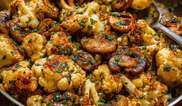 Garlic Cauliflower Mushroom Skillet in a pan with herbs and golden edges