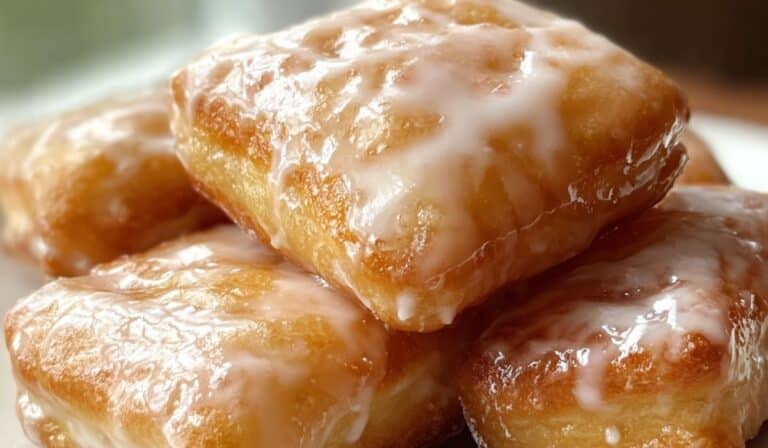 Glazed Buttermilk Beignets stacked on a plate with sweet glaze dripping