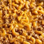 Homemade Hamburger Helper in a skillet with creamy beef and pasta