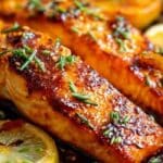 Honey Garlic Salmon fillets in skillet with lemon slices