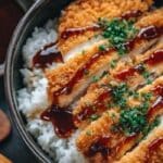 Japanese Katsu Bowls with crispy cutlets, rice, and savory tonkatsu sauce